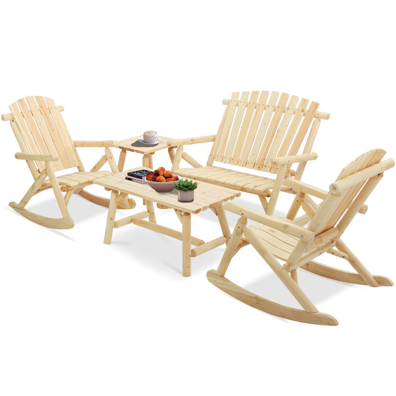 Union Rustic 5-Piece Outdoor Wooden Rocking Conversation Set, Adirondack Rocker Set With Rocking Bench, 2 Log Rockers And 2 Side Tables, Patio Furniture Set, High Fanned Back/Slatted Seat, Natural