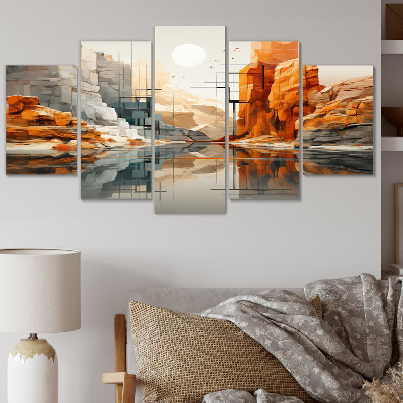 Orange gris canyons gris profonds - art mural sur toile canyon - 5 panneaux
