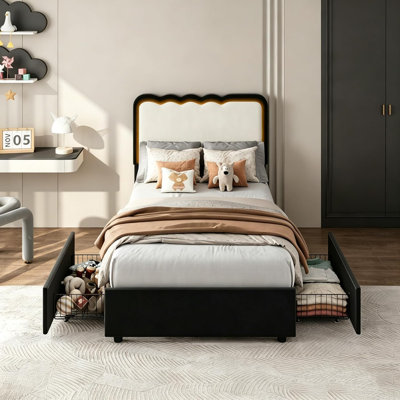 Structure de lit simple avec 2 tiroirs de rangement à DEL de taille simple TG, lit plateforme tapissier ondulé, aucun sommier tapissier, tissu en velours et panneau de fibres à densité moyenne, noir et blanc