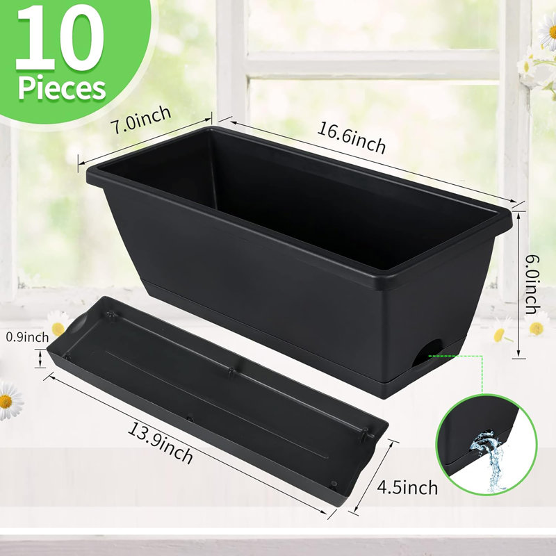 10 Pack 17 Inch Rectangular Plastic Window Box Planters with Saucers for Indoor & Outdoor Gardens, Patios, and Home Decor