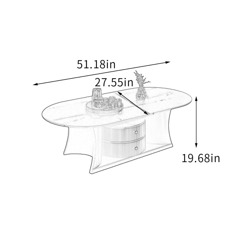 Table basse ovale haut de gamme avec tiroirs, Noir et or, 19.68" H x 27.55" L x 51.18" W, Noir