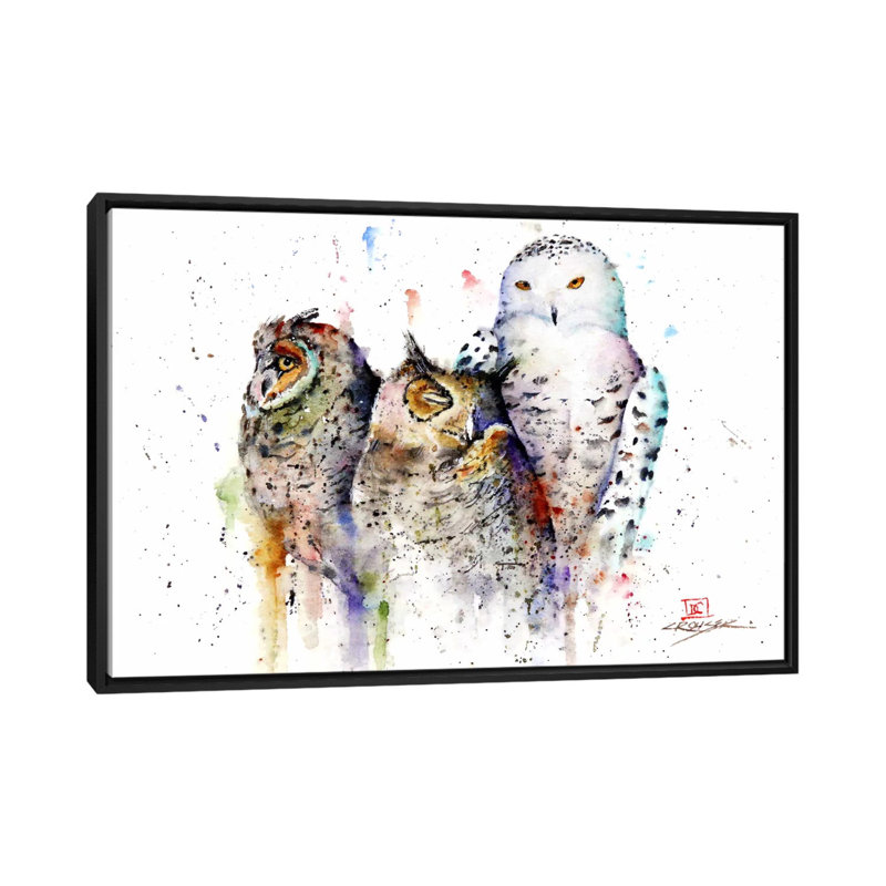 «Owls Don't Sleep» par Dean Crouser - reproduction d'art sur toile, H 18 po x l 26 po x P 1,5 po, Toile encadrée noire, Blanc