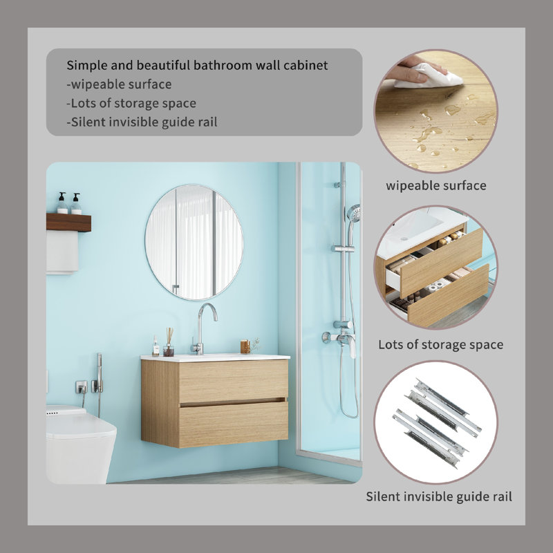 Meuble-lavabo mural 32 pouces avec tiroirs doubles, Naturel