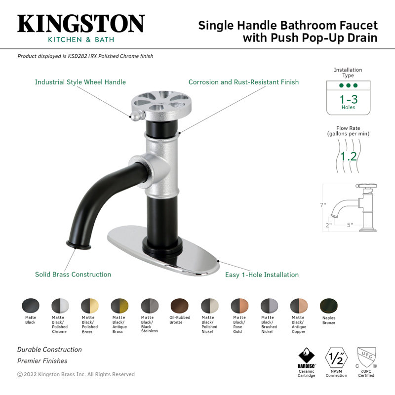 Kingston Brass Belknap Single-Handle 1-Hole Deck Mount Bathroom Faucet with Push Pop-Up and Deck Plate, Naples Bronze