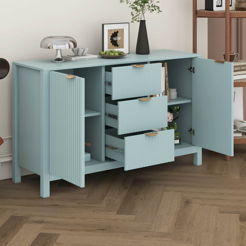 Buffet Wave Design avec 3 tablettes réglables, armoire d'entrée, 3 tiroirs et portes à fermeture en douceur, Cyan