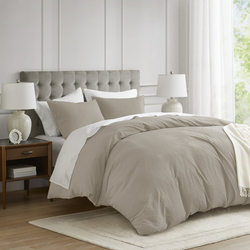 Mina Waffle Weave Textured Cozy Duvet Cover Set, Full/ Queen Duvet Cover + 2 Standard Shams, Neutral