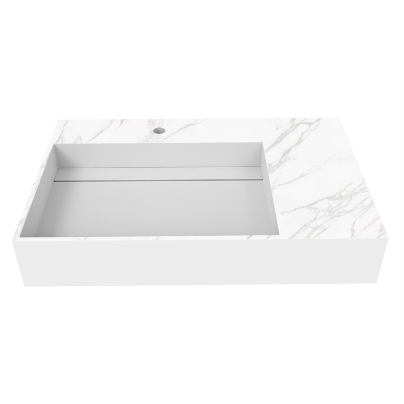Juniper 30" Wall Mounted Solid Surface Floating Bathroom Sink with Concealed Drain Left Basin - White Marble Pattern