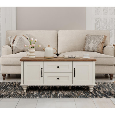 Rustic Wooden Coffee Table With Storage Cabinet, Oak