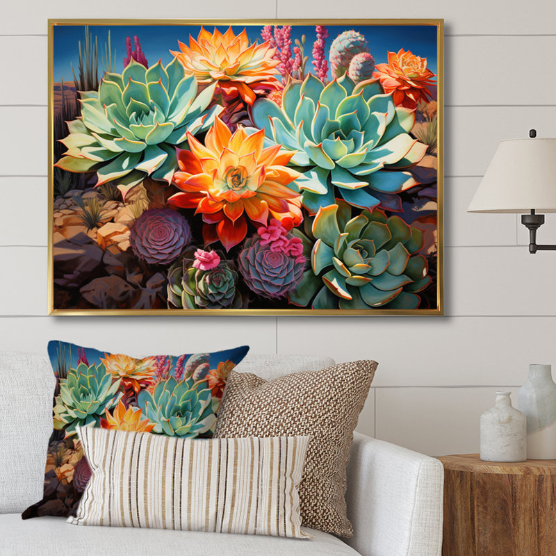 Succulentes vertes, orange, fleurs du désert II, H 12 po x l 20 po x P 1 po, Cadre flottant doré