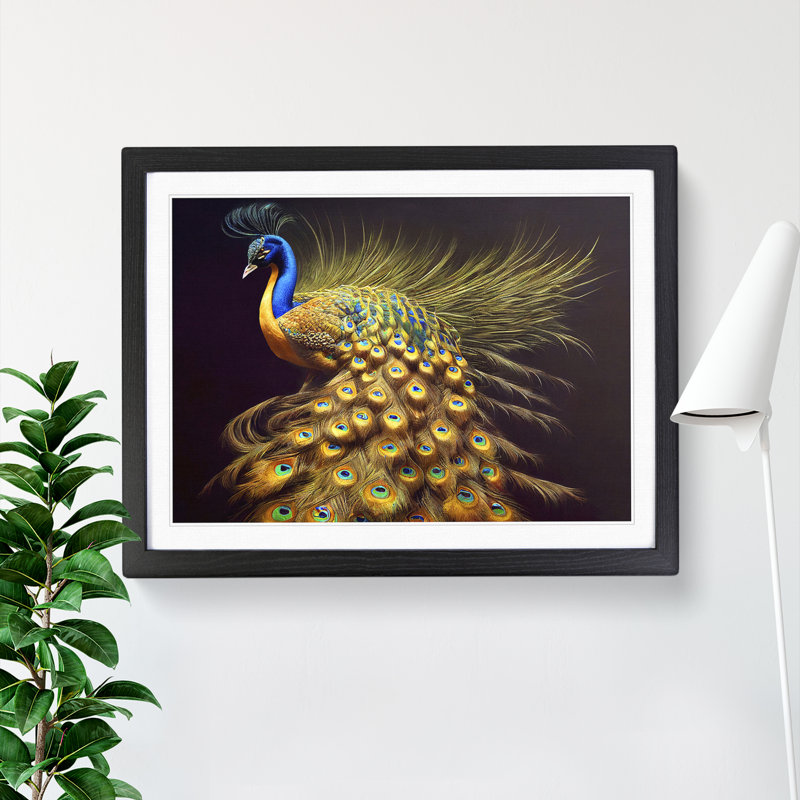 Illuminated Peacock - Single Picture Frame Painting, Black, 25cm H x 34cm W x 2cm D