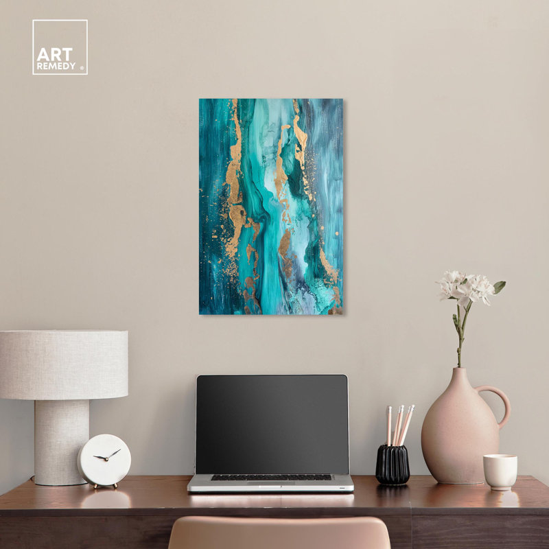 Sea Blue and Gold Abstract Canvas Wall Art, 24" x 16"