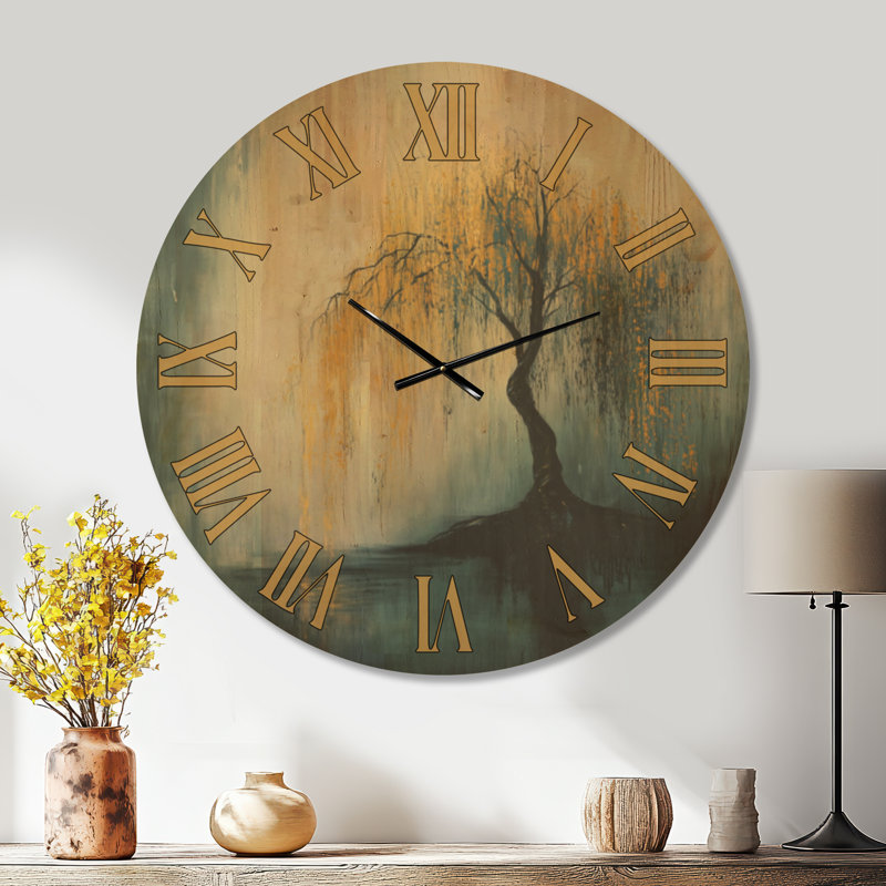 Horloge murale zen ronde « Saule pleureur doré », imprimée sur bois, Très grand