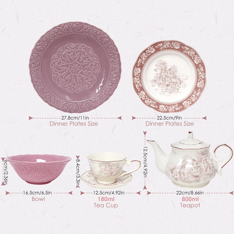 6-Piece Porcelain Dinnerware & Tea Set - Microwave & Dishwasher Safe Giftable Dining Set