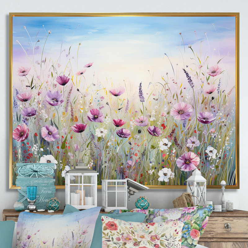 Fleurs sauvages Meadows III - Art mural champ de fleurs, H 16 po x l 32 po x P 1 po, Cadre flottant doré