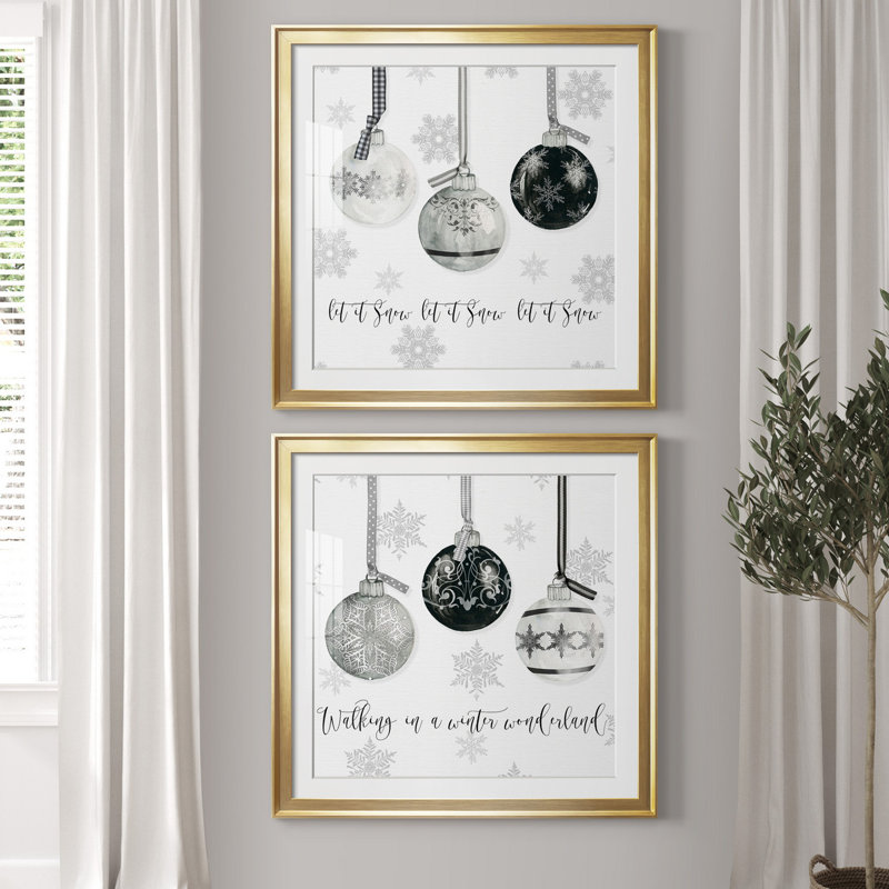 «Let It Snow Ornaments», ensemble de 2 reproductions d'art, H 26,5 po x l 53 po x P 1,5 po, Papier encadré doré, Blanc