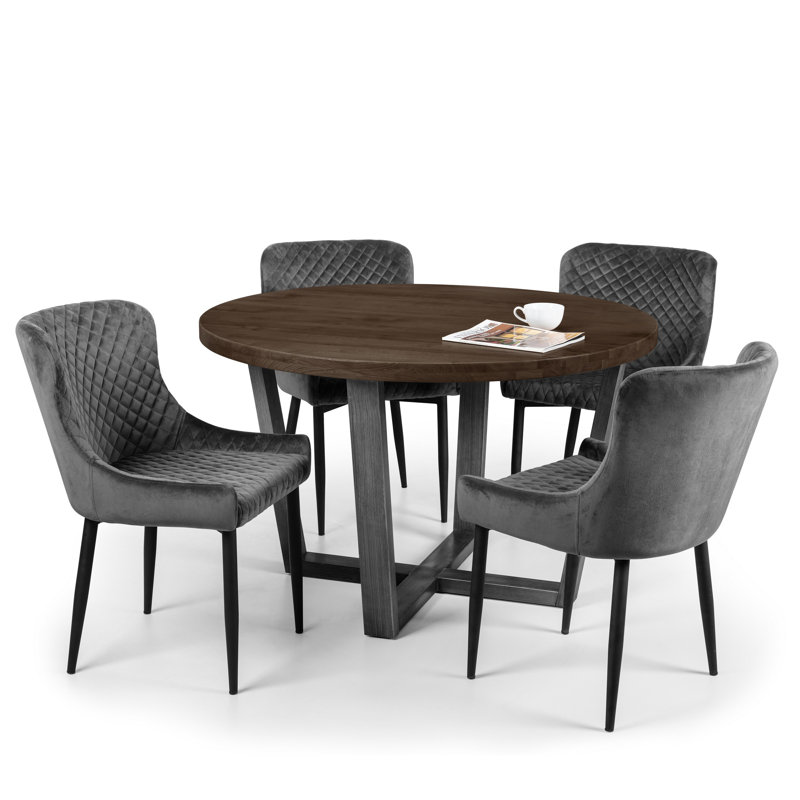 Armor Oak Round Solid Wood Top Metal Base Dining Table, Dark Oak/Black