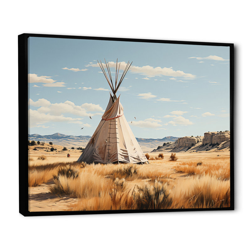 Tipi murmure beige de l'esprit - salon d'art amérindien, Cadre flottant noir, H 24 po x l 32 po x P 1 po