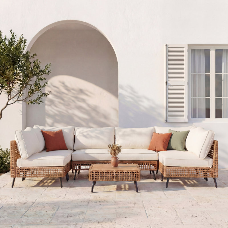 All-Weather Wicker 6 - Person Modular Patio Conversation Sets with Cushions, White/Beige