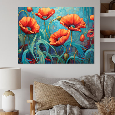 Coquelicots corail et turquoise dansant avec des pétales