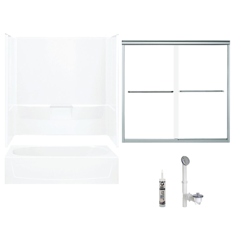 Ensemble de baignoire et douche rectangulaire sans cadre de 60 po x H 75,75 po avec porte-serviettes et base inclus, Argent