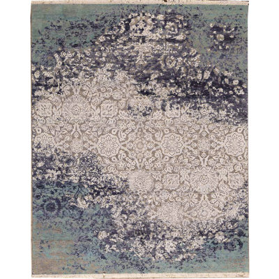 Tapis argent et bleu noué à la main de haute qualité