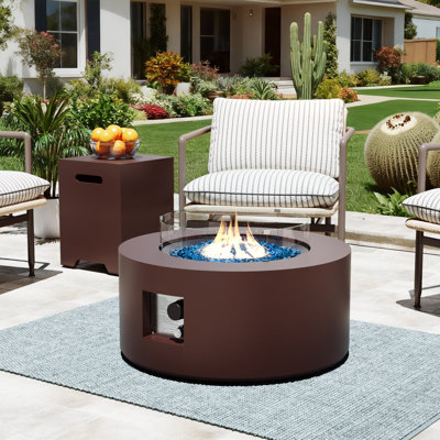Foyer de table au propane rond en fer de 40 000 BTU avec couvercle de réservoir et pare-vent en verre brun foncé 28 po