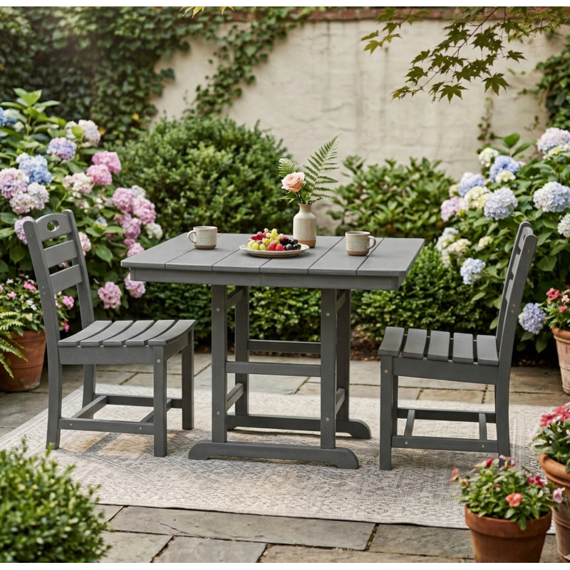 Gray HDPE Outdoor Patio Dining Set, 37.8 in. Square Table with 2 Chairs, All-Weather 3-Piece Bistro Set