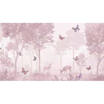 Papier peint forêt avec papillons et cerfs