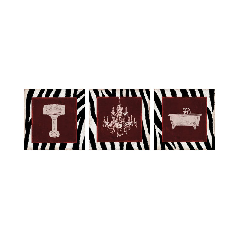 Crimson Safari Bath Triptych - ensemble d'art mural sur toile tendue (ensemble de 3)