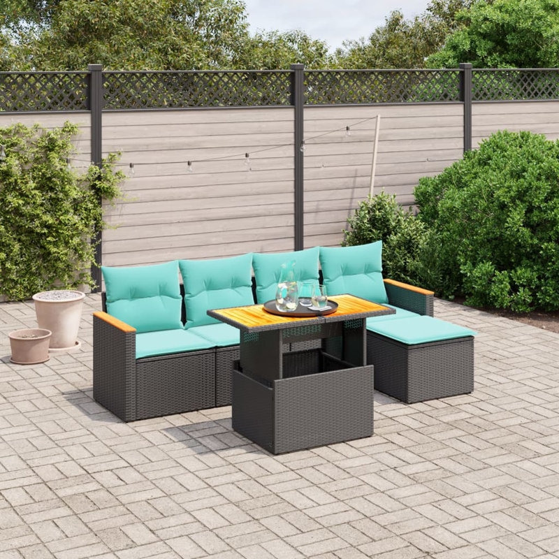  Ensemble de canapé de patio 6 pièces avec coussins en rotin de polyester, Noir, Vert