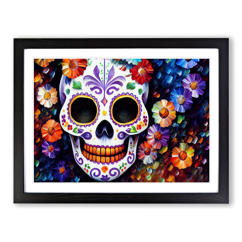 XH1022-7114X Precious Floral Sugar Skull - Single Picture Frame Print, 25cm H x 34cm W x 2cm D, Black Framed