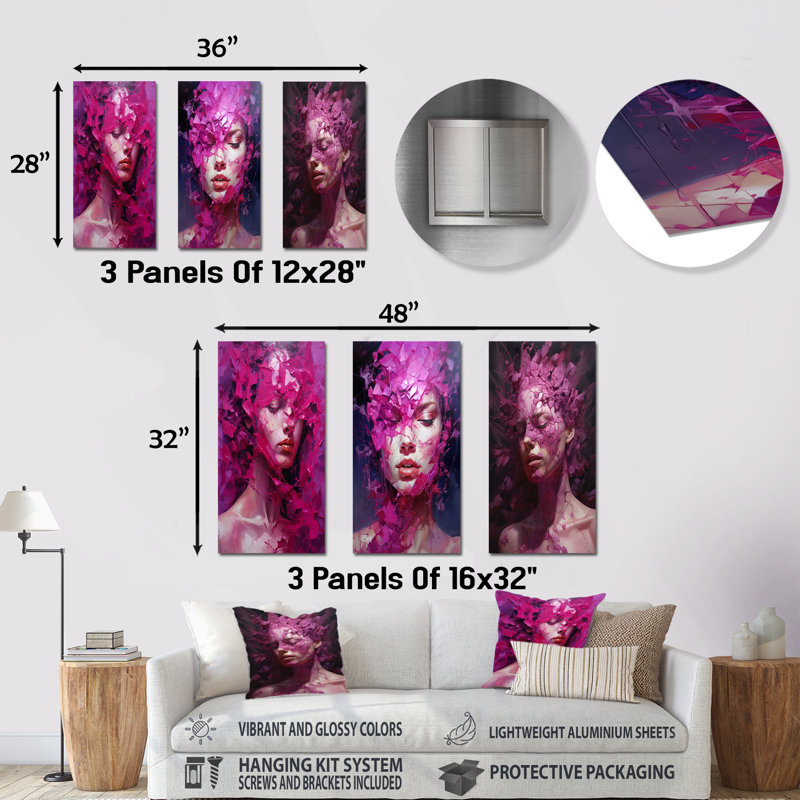 Surreal Magenta Woman Fusion - Surrealism Metal Wall Art Prints Set Of 3, 28" H x 36" W