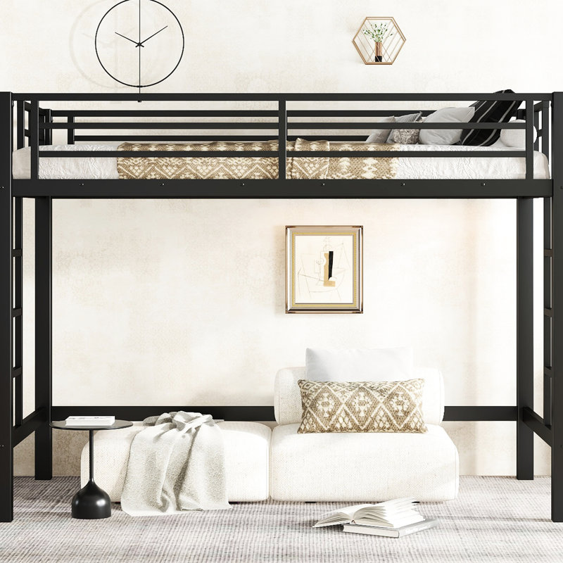 Lit mezzanine simple en métal noir de taille très grand avec double échelle latérale, cadre et coffre-fort pour dormir dans un dortoir avec barrières de sécurité, assemblage facile, chambre à coucher inférieure flexible