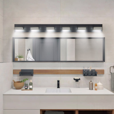 Modern Style In Black Finish Metal Material With Led Light Function Vanity Light Fixture, 6-Light Configurations Wall Sconce For For Bathroom Use And Mirror, Sleek Minimalist Design, Energy-Efficient