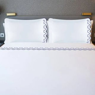 Imaginary Scallop 400TC Embroidery Cotton 4 Piece Sheet Set Fitted Sheet Fits Upto 16" Deep Pocket, Navy, King Sheet Set