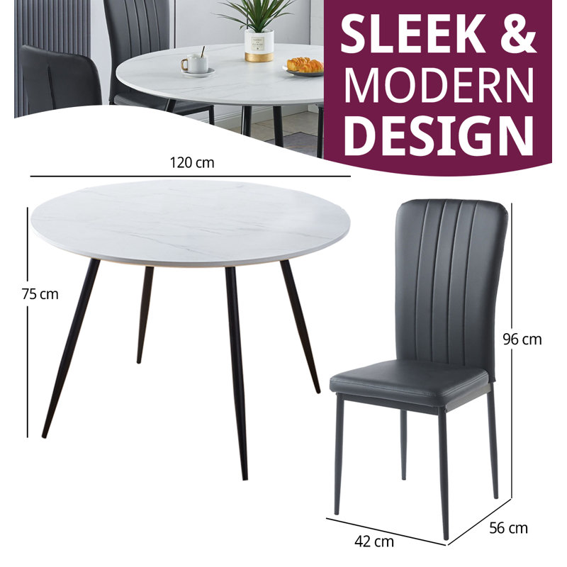 Cullompton Large Round Dining Table 120Cm, Marble Effect Top, With 6 Black Faux Leather High Back Chairs, White