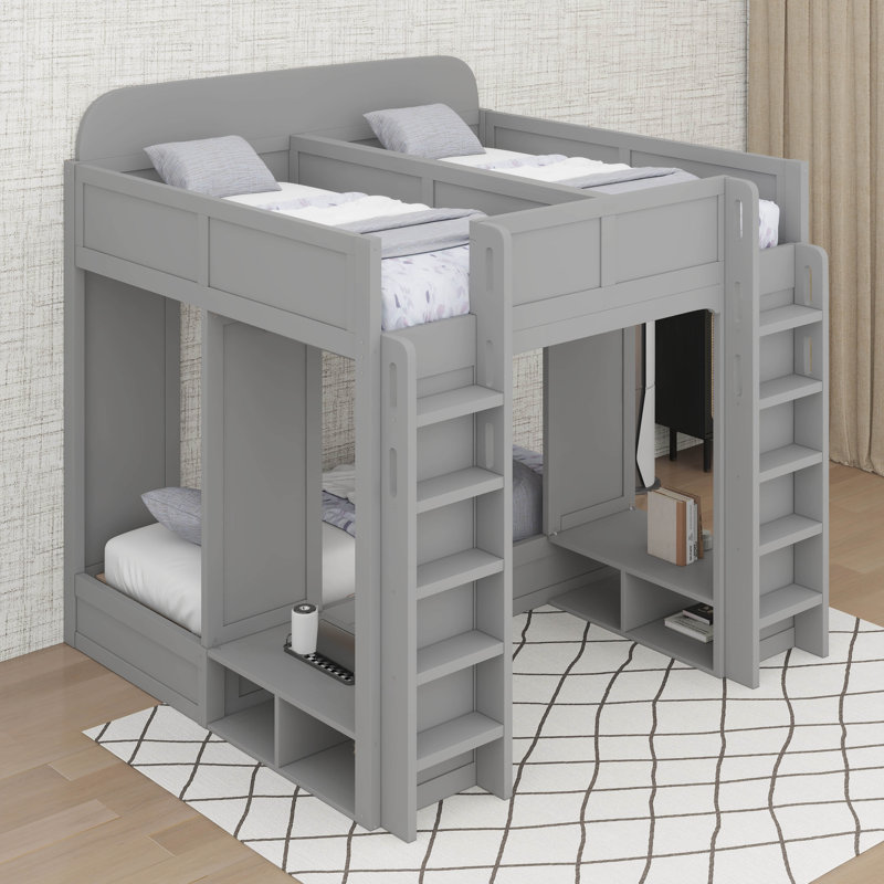 Lit superposé triple avec tablettes et crochets de rangement, lit mezzanine simple au-dessus de simple TG, lit superposé à 3 niveaux peu encombrant