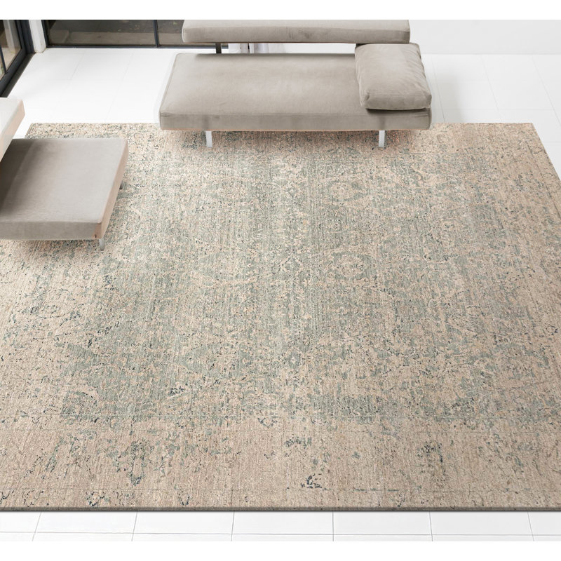 Hand Knotted Abstract Area Rug in Teal/Silver, Rectangle 12' x 15'