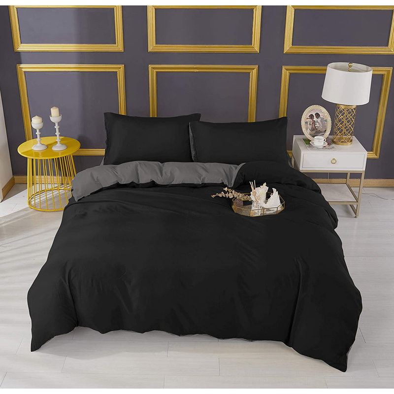Microfiber Solid Colour Duvet Cover Set with Pillowcases Included, Grey/Black, Super King - 2 Standard Pillowcases