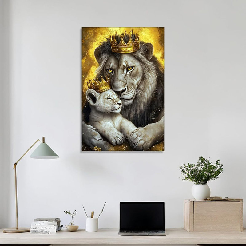 Lion Canvas Wall Art King Lion with Cub Picture Gold Painting Prints Modern Artwork for Kids Room Living Room Bedroom Home Decor Framed