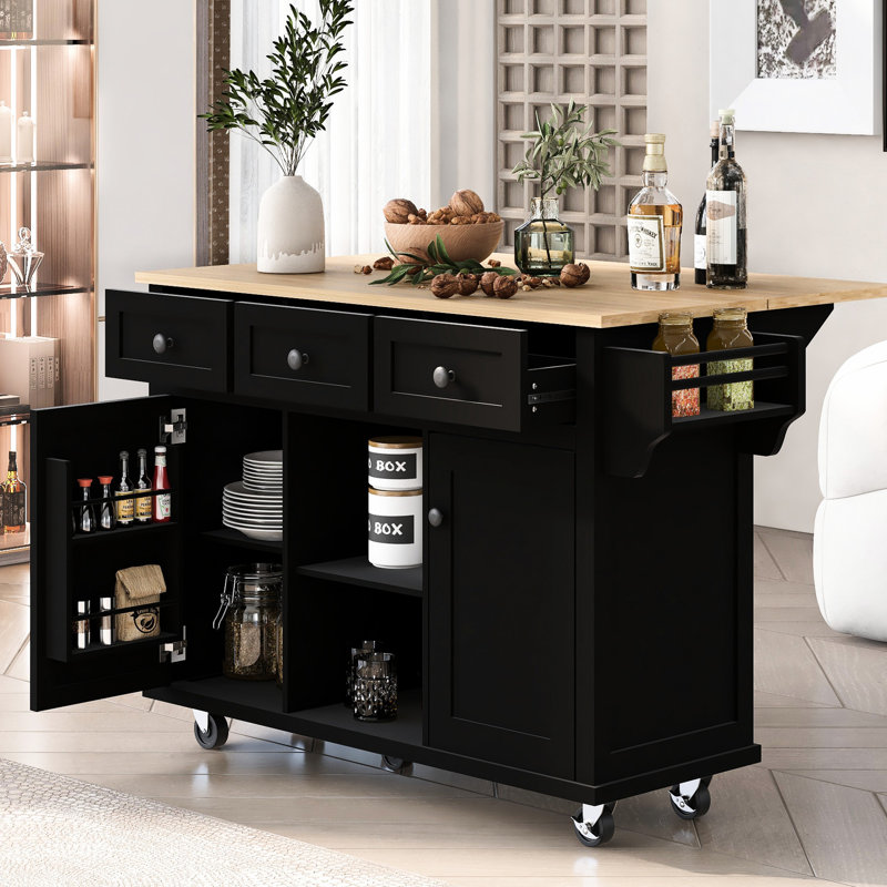 Chariot de cuisine noir avec rangement et armoire. 5 roulettes, pour la salle à manger, différents espaces au-delà de l'extérieur de l'îlot de rangement