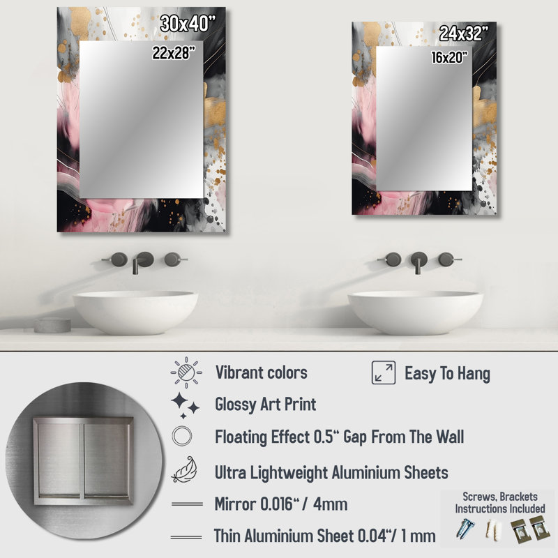 «Pink Gold Texture» Splash Marble III - Miroir mural décoratif en marbre, rose, impression sur métal, 32 po x 24 po
