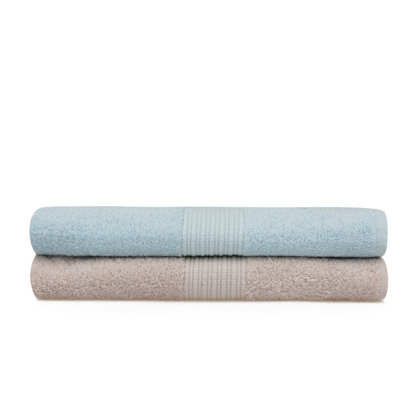 Ensemble de 2 serviettes de bain 100% coton, Bleu clair / beige
