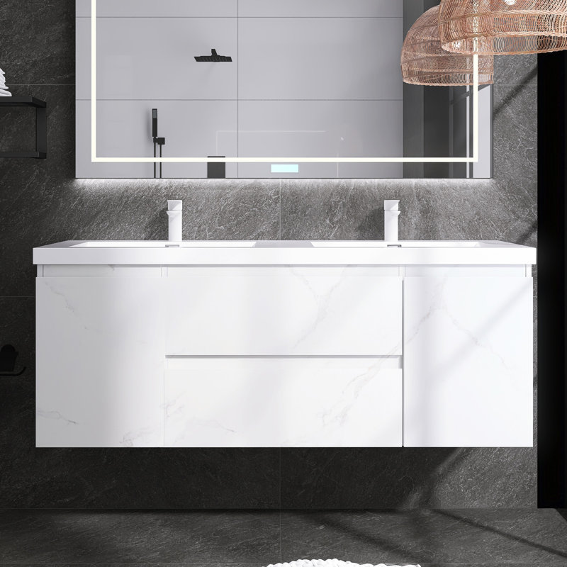 Meuble-lavabo mural double 60 po avec lavabo en résine Cararra