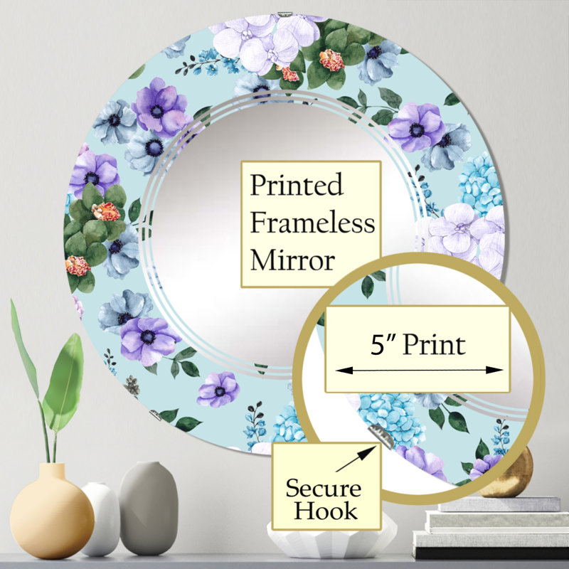 Miroir mural blanc et orange à motif de fleurs rondes sur fond bleu clair, 24 po x 24 po