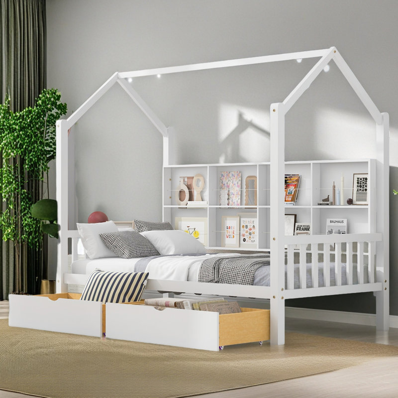 Lit en bois avec 2 tiroirs, Lit simple, Blanc