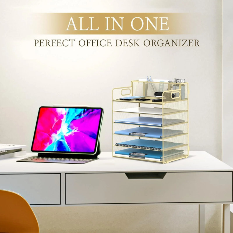 6 Tier Metal Desk File Organizer With Handle And Pen Holders, Yellow