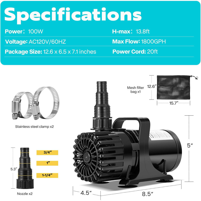 Pompe à eau submersible 100W 1800GPH avec sortie d'eau réglable à 180 °