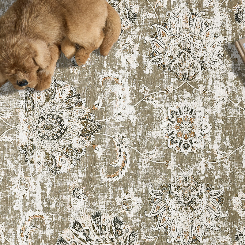Tapis floral imprimé botanique rétro taupe vieilli, Rectangle 6 pi x 9 pi, Taupe délavé
