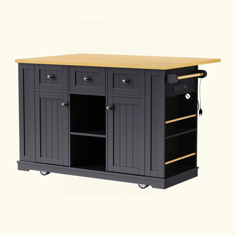 Large Kitchen Island With Drop Leaf, Power Outlet, Door Internal Storage Rack, Rolling Kitchen Cart On 5 Wheels With 5 Open Side Racks For Kitchen, Dining Room(Not Include Bar Stools)